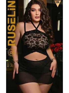 Ruselin Siyah Dantel Seksi Fantezi Tül Dantel Gecelik Ruselin 2200