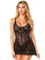 Siyah Dantel Tül Seksi Mini Gecelik SHE 2030 Siyah görsel 6