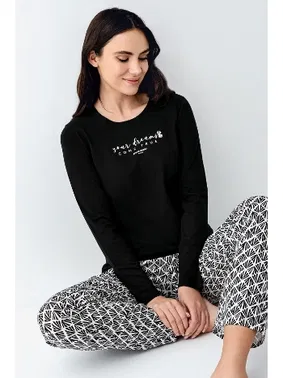 Pierre Cardin Siyah Desenli Uzun Kollu Yuvarlak Yaka Cepli Kadın Pijama Takımı Pierre Cardin PC9068-S