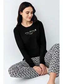 Pierre Cardin Siyah Desenli Uzun Kollu Yuvarlak Yaka Cepli Kadın Pijama Takımı Pierre Cardin PC9068-S