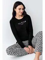 Siyah Desenli Uzun Kollu Yuvarlak Yaka Cepli Kadın Pijama Takımı Pierre Cardin PC9068-S Siyah