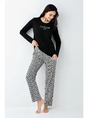 Pierre Cardin Siyah Desenli Uzun Kollu Yuvarlak Yaka Cepli Kadın Pijama Takımı Pierre Cardin PC9068-S - Alternatif Görünüm