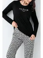 Siyah Desenli Uzun Kollu Yuvarlak Yaka Cepli Kadın Pijama Takımı Pierre Cardin PC9068-S Siyah farklı açı