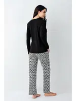 Siyah Desenli Uzun Kollu Yuvarlak Yaka Cepli Kadın Pijama Takımı Pierre Cardin PC9068-S Siyah görsel 4