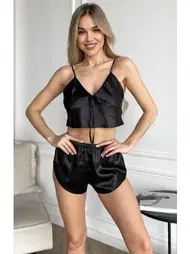 NightLight Siyah Fantezi İnce Askılı Büstiyer Saten Şort Takım