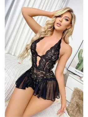 Loomerie Siyah Fırfır Midi Etekli Dantel Erotik Gecelik Loomerie 523