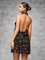 Siyah Gold Işıltılı Dekolteli Seksi Kulüp Midi Elbise Pink Night 1116 Siyah detay görünüm