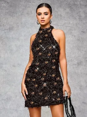 Pink Night Siyah Gold Işıltılı Dekolteli Seksi Kulüp Midi Elbise Pink Night 1116