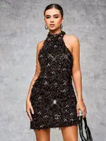 Siyah Gümüş Işıltılı Dekolteli Seksi Kulüp Midi Elbise Pink Night 1116 Siyah