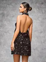 Siyah Gümüş Işıltılı Dekolteli Seksi Kulüp Midi Elbise Pink Night 1116 Siyah detay görünüm