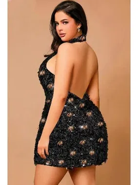 Pink Night Siyah Işıltılı Peluş Boyun Askılı Büyük Beden Mini Seksi Gece Elbisesi Pink Night 6504 - Alternatif Görünüm