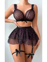 Siyah Kadın Fantezi Sexy Jartiyer Set Bacak Bantlı Etek Sütyen missisX 3087 Siyah