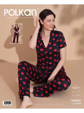Polkan Siyah Kalp Desenli Viskon V Yaka Gömlek Kısa Kollu Pijama Takım Polkan 19001