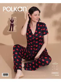 Polkan Siyah Kalp Desenli Viskon V Yaka Gömlek Kısa Kollu Pijama Takım Polkan 19001
