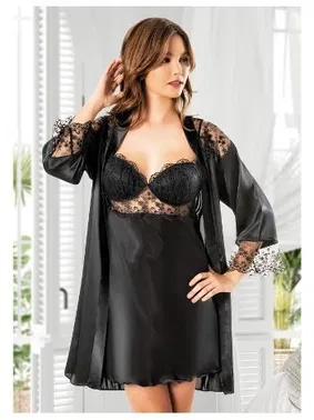 Miss Laris Siyah Kaplı Dantelli Saten İnce Askılı Gecelik Uzun Kollu Sabahlık Takımı Miss Laris 5064
