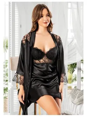 Miss Laris Siyah Kaplı Dantelli Saten İnce Askılı Gecelik Uzun Kollu Sabahlık Takımı Miss Laris 5064 - Alternatif Görünüm