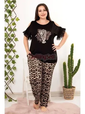 Lady Siyah Leopar Desenli Kısa Kollu Büyük Beden Pijama Takımı Lady 10852