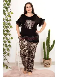 Lady Siyah Leopar Desenli Kısa Kollu Büyük Beden Pijama Takımı Lady 10852