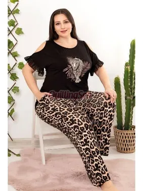 Lady Siyah Leopar Desenli Kısa Kollu Büyük Beden Pijama Takımı Lady 10852 - Alternatif Görünüm
