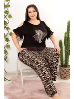Siyah Leopar Desenli Kısa Kollu Büyük Beden Pijama Takımı Lady 10852 Siyah detay görünüm