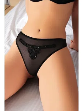 NightLight Siyah Nakış Desenli Taşlı Fantezi Külot NightLight 9183-1