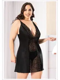 Miss Laris Siyah Ön Kısmı Dantel İnce Askılı Saten Büyük Beden Gecelik Miss Laris 4047