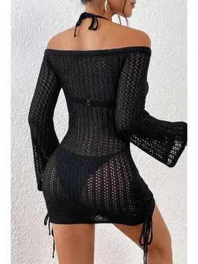 Angelsin Siyah Örme Yanlardan Büzgülü Uzun Kollu Plaj Elbisesi Pareo Angelsin MS 4379 - Alternatif Görünüm