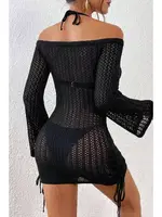 Siyah Örme Yanlardan Büzgülü Uzun Kollu Plaj Elbisesi Pareo Angelsin MS 4379 Siyah detay görünüm