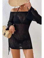 Siyah Örme Yanlardan Büzgülü Uzun Kollu Plaj Elbisesi Pareo Angelsin MS 4379 Siyah farklı açı