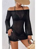 Siyah Örme Yanlardan Büzgülü Uzun Kollu Plaj Elbisesi Pareo Angelsin MS 4379 Siyah görsel 4