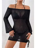 Siyah Örme Yanlardan Büzgülü Uzun Kollu Plaj Elbisesi Pareo Angelsin MS 4379 Siyah görsel 5