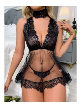 Loomerie Siyah Özel Fantezi Gecelik Seksi Şık Tasarım Transparan Dantel Detaylı Loomerie 524 - Alternatif Görünüm