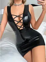 Siyah Parlak Lame Arkası İp Erotik Elbise Lily Bianca LB-187 Siyah farklı açı