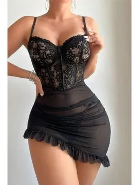 Ruselin Siyah Premium Büstiyer Dantelli VIP Fantezi Gecelik Ruselin 2210