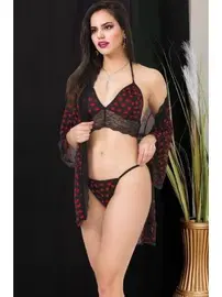 İzabel Siyah Puantiyeli Sabahlıklı Tanga Sütyen Takım İzabel TS-0902