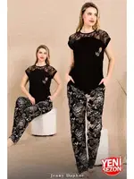 Siyah Renk Çiçekli Alt Pijama Omuzlar Dantel Pijama Takımı Lady 12488