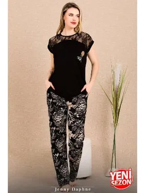 Lady Siyah Renk Çiçekli Alt Pijama Omuzlar Dantel Pijama Takımı Lady 12488 - Alternatif Görünüm