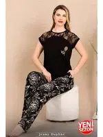 Siyah Renk Çiçekli Alt Pijama Omuzlar Dantel Pijama Takımı Lady 12488 farklı açı
