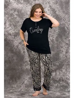 Lady Siyah Renk Zebra Desenli Büyük Beden Anne Pijama Takımı Lady 10982
