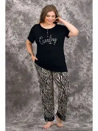 Lady Siyah Renk Zebra Desenli Büyük Beden Anne Pijama Takımı Lady 10982