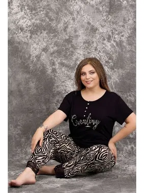 Lady Siyah Renk Zebra Desenli Büyük Beden Anne Pijama Takımı Lady 10982 - Alternatif Görünüm
