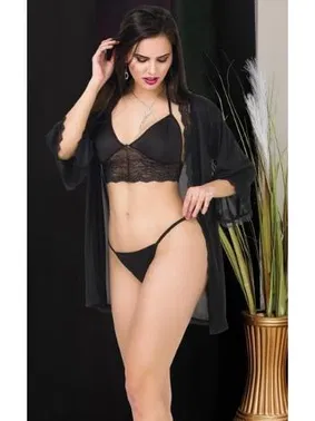 İzabel Siyah Sabahlıklı Tanga Sütyen Takım İzabel TS-0903