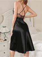 Siyah Saten Dantel Detaylı Uzun Gecelik Lily Bianca LB-219 Siyah detay görünüm