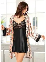 Siyah Saten Geniş Kol Desenli Askılı Gecelik Sabahlık Takım Miss Laris 5006 Siyah detay görünüm