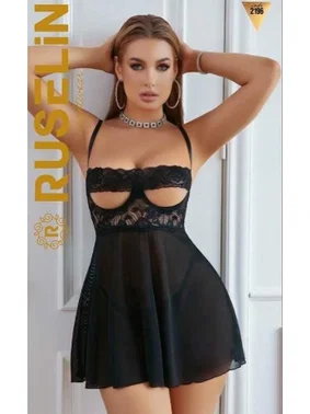 Ruselin Siyah Seksi Göğsü Dantel Şeritli Tül Fantezi Gecelik Ruselin 2196