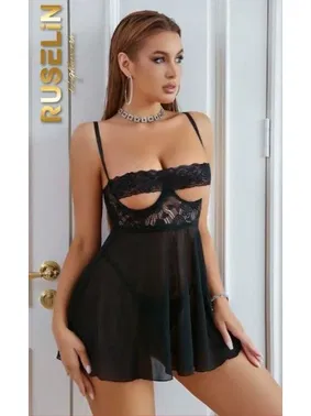 Ruselin Siyah Seksi Göğsü Dantel Şeritli Tül Fantezi Gecelik Ruselin 2196 - Alternatif Görünüm