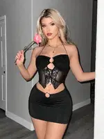 Siyah Seksi İki Parça Dantel Tül Detaylı Mini Elbise Ruselin 5085