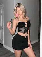 Siyah Seksi İki Parça Dantel Tül Detaylı Mini Elbise Ruselin 5085 farklı açı