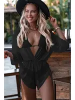 Siyah Şifon Pareo Plaj Elbisesi Cover Up Kimono Angelsin MS 4408 Siyah