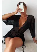 Siyah Şifon Pareo Plaj Elbisesi Cover Up Kimono Angelsin MS 4408 Siyah detay görünüm